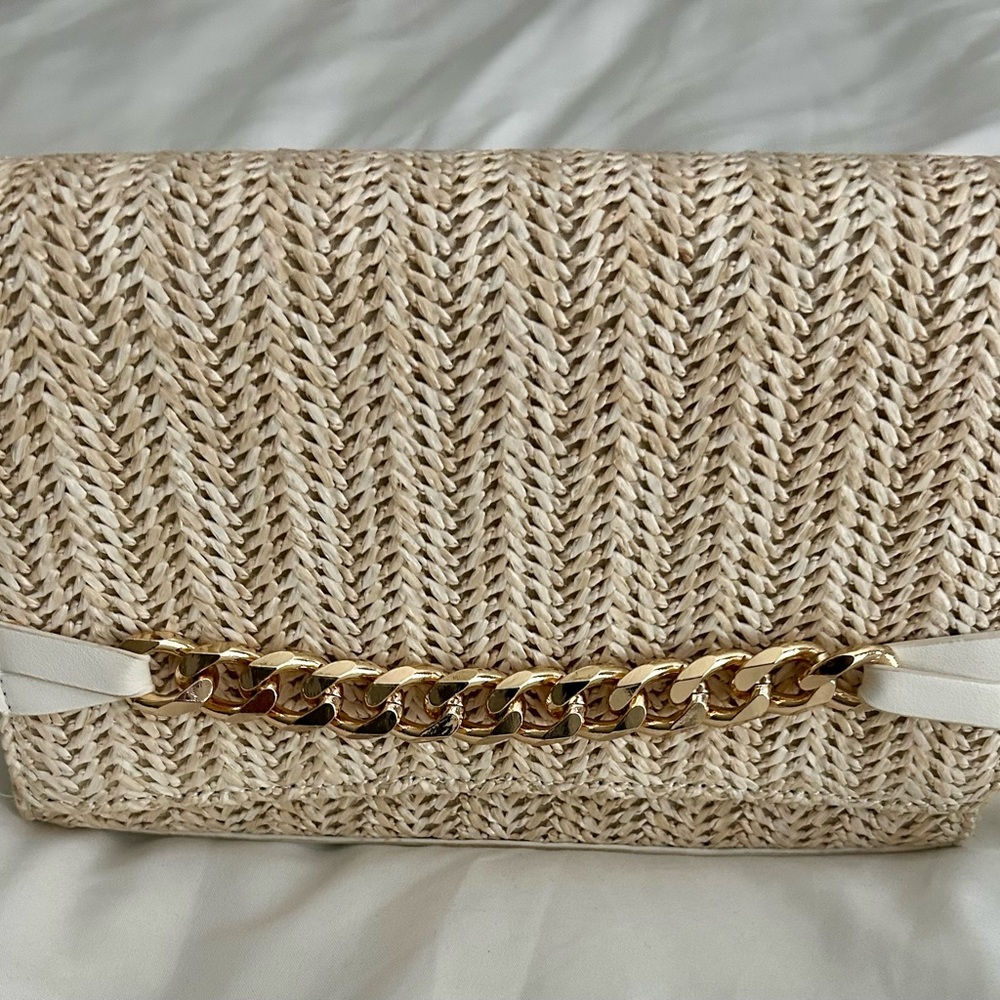 Tan & white Woven Clutch with Gold Chain